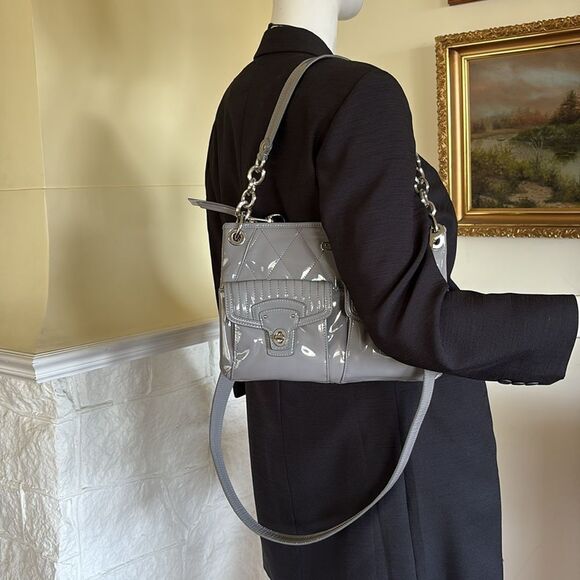 Coach Poppy Liquid Gloss Convertible Crossbody Bag Light Grey Patent Leather - Picture 4 of 16